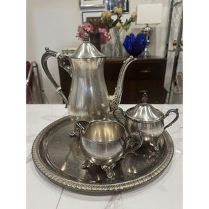 Vintage Silver Plate 4 piece Coffee Tea Pot Creamer Sugar & Tray Set